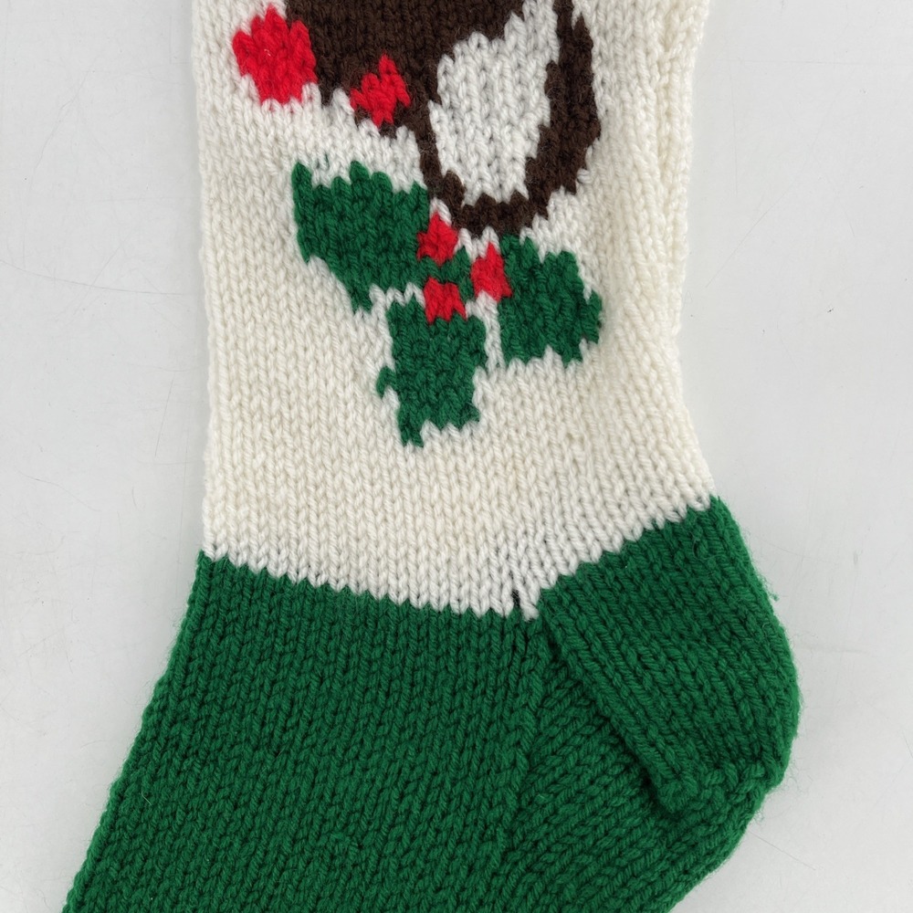 Vintage Hand Knit Christmas Stocking Rudolph Red-Nose Reindeer Green White READ - Picture 6 of 9